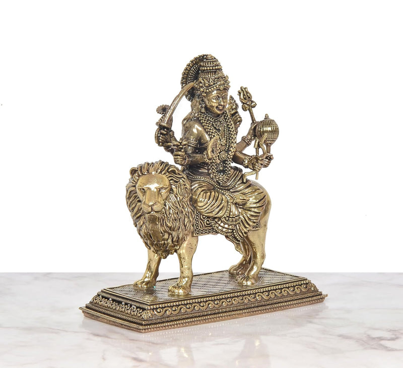Bronze Durga Maa with Lion Idol (Height 4 Inch)