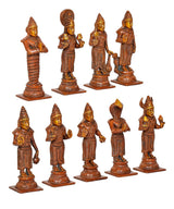 Brass Navgraha deity statues set, front angled view of multiple standing figures
