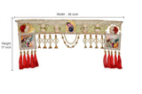 36 in Radha Krishna toran door hanging; red tassels and gold pearl accents shown with size