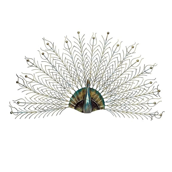 Open feather peacock iron wall decor with gold-tone dot tips and teal center