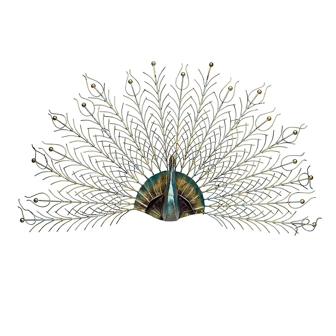 3D iron peacock wall decor with open feather fan and teal eye center