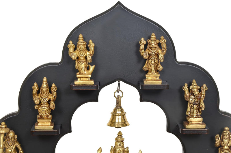 Intricate Brass Dashavatara: Lord Vishnu's Ten Avatars Idol with Wooden Frame | 14" Hindu Collectible Art