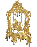 Golden brass swing idol statue of Radha and Krishna with detailed bells and legs