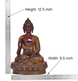 Size view of meditating Buddha idol; height and width labels beside dark red and gold statue