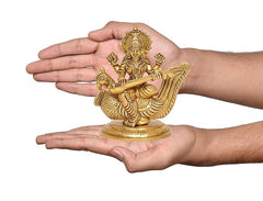 Brass Saraswati on swan mini statue held in hands, 4.5 inch height