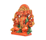 Panchmukhi Hanuman idol figurine, side view, orange body, green sash, golden ornaments