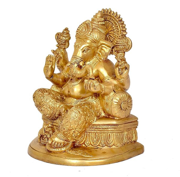 Brass Ganesha Statue Idol On Base Giving Blessings for Home Decor Temple | Height : 8 inches Study Setting