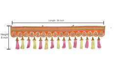 36 inch toran door hanging, 8 inch height, with round motifs and multicolor tassels.