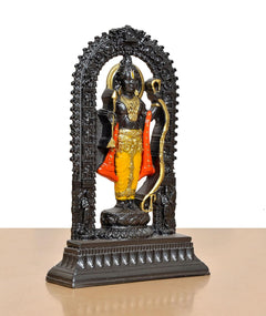 Resin Ram Lalla murti side view with bow, carved black arched frame on base