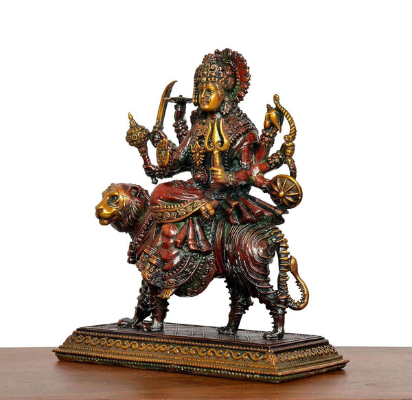 Superfine Brass Durga Maa with Tiger Idol (Height: 6.5 Inch) Study Setting