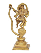 Brass Ganesha dancing idol front view, serpent tail coiled around pedestal