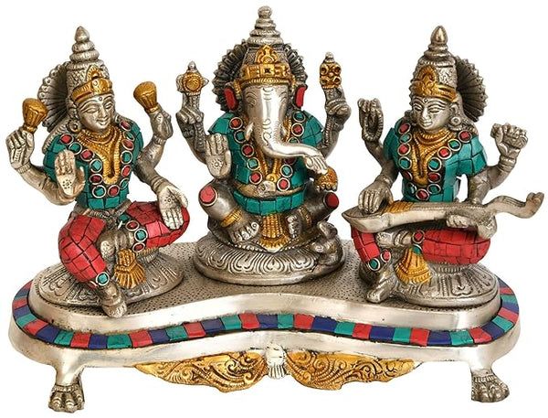 Brass Ganesh Lakshmi Saraswati Idol  (Height 6.2") Study Setting