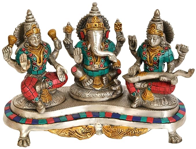 Goddess Lakshmi with Lord Ganesha and Maa Saraswati Decorative Idol - (Brass, Height 6.2")