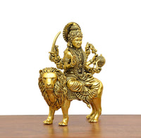 Durga Maa brass idol close-up on lion, ornate crown and multiple arms holding items