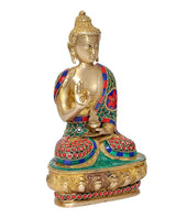 Brass Buddha figurine with blessing hand, colorful inlaid robe, ornate lotus base