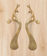 Brass peacock door handle pair—two lever handles with textured scale pattern