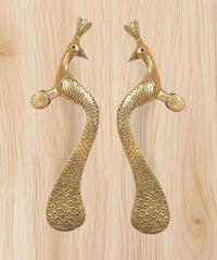 Brass peacock door handle pair—two lever handles with textured scale pattern