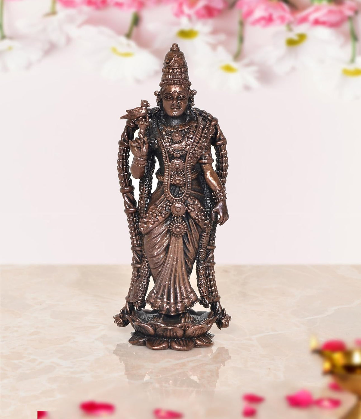 Copper Meenakshi Idol statue, standing figure with raised hand, 4 inch