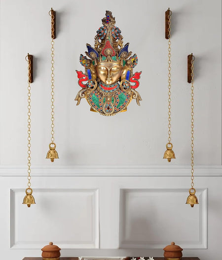Brass Tara Devi Mask Wall Hanging Multicolour (Height 16 Inches)