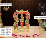 Brass Ram Darbar idol, multicolor enamel, three figures under arched frame; 6.5 in