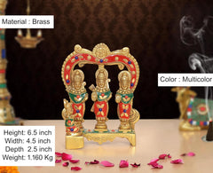 Brass Ram Darbar idol, multicolor enamel, three figures under arched frame; 6.5 in