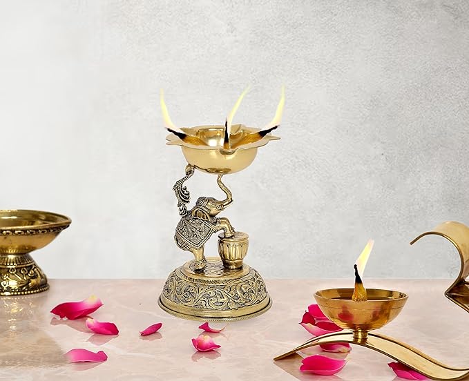 Brass elephant oil lamp diya with ornate engraved base, 5-inch home pooja decor