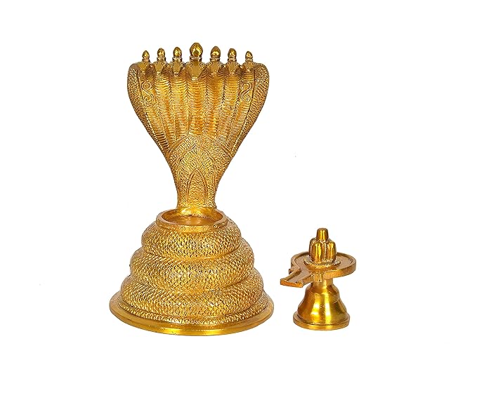 5 Five Mukha Linga Protected by Seven Hooded Serpent in Brass Gold, Height 8 Inch