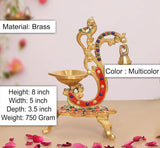 Brass peacock diya oil lamp, hanging bell and multicolor detailing, 8 inch height