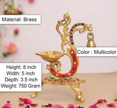 Brass peacock diya oil lamp, hanging bell and multicolor detailing, 8 inch height