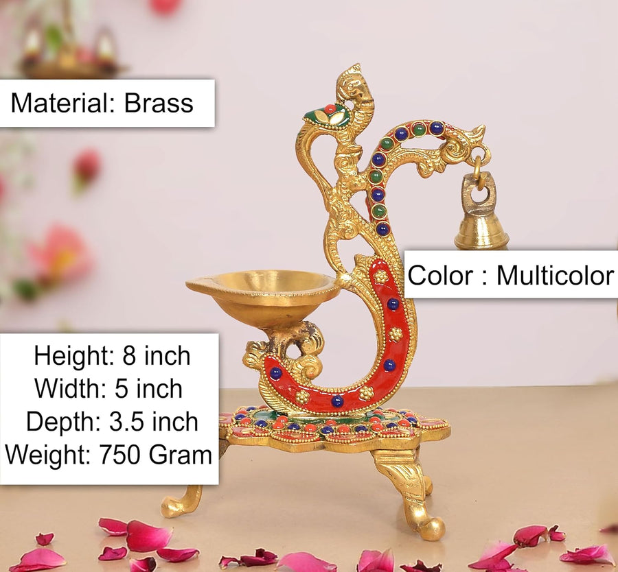 Brass Peacock Diya with Hanging Bell Traditional Oil Lamp (Height: 8 Inch) Craft Detail