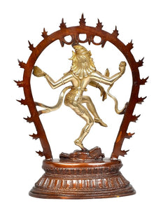 Brass Dancing Natraj Lord Shiva idol on round textured pedestal
