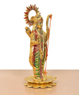 Ram ji metal sculpture side view, raised arm holding cord, lotus base