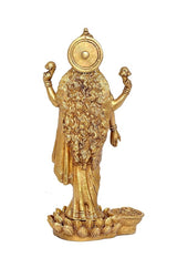 Lakshmi brass idol from behind, round disc headdress and flowered pedestal base