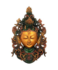 Brass Tara face wall hanging, green and gold with ornate crown details