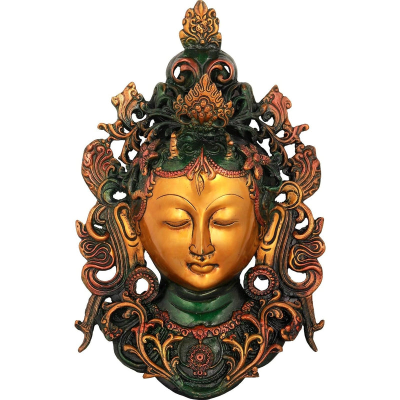 Brass  India Tibetan Buddhist Wall Hanging Tara Mask (Green Gold) Height : 11 inches