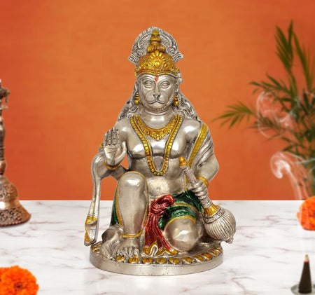 Brass Hanuman JI Sitting in Blessing Sculpture (Height 9.5 Inch)(Multicolor 1)