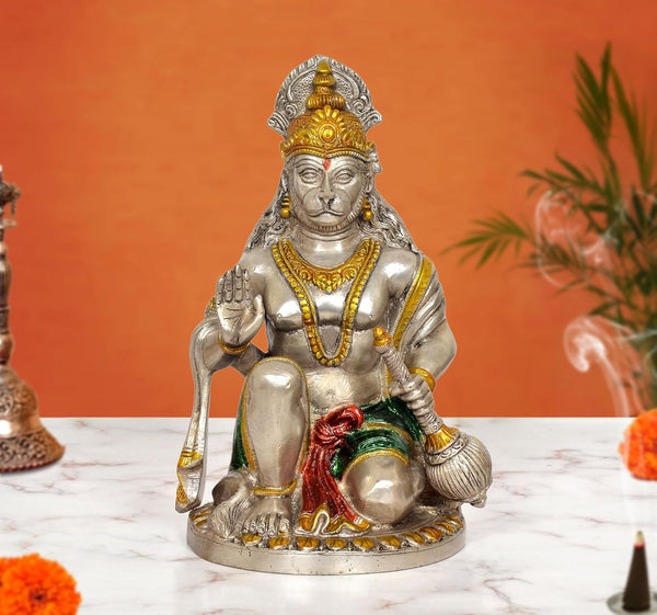 Brass Hanuman JI Sitting in Blessing Sculpture (Height 9.5 Inch)(Multicolor 1) Mandir Setting