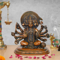 Brass Panchmukhi Hanuman idol with seated multi-armed figure, ornate halo and jewelry