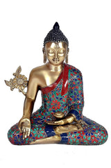 Buddha sculpture in brass tone, seated in Bhumisparsha pose, painted robe, 15 in