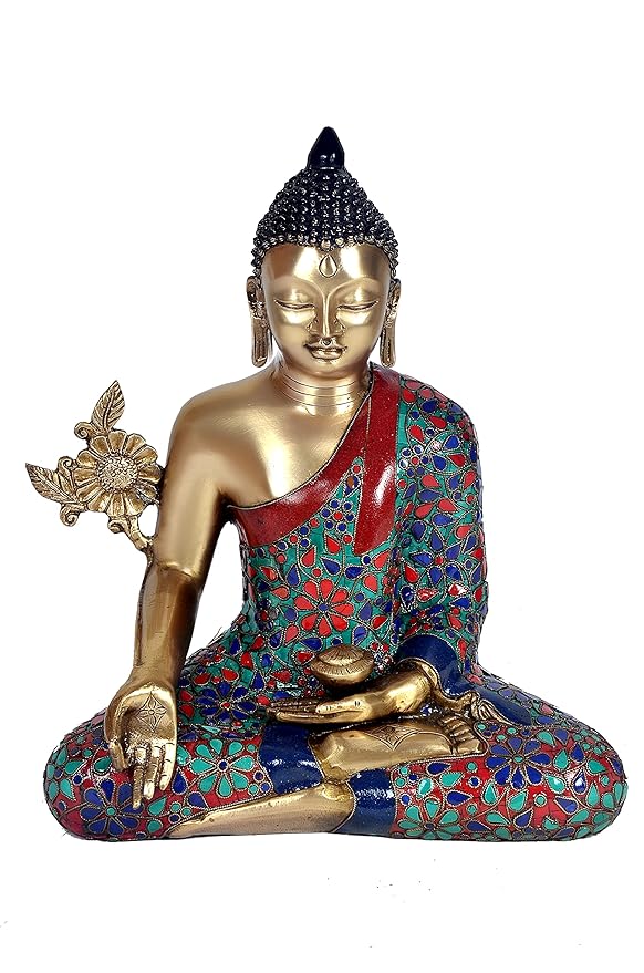 Brass Gautam Buddha Bhumi Sparsha Sculpture Idols for Home Decor Vastu Statue Feng Shui Gift Good Luck Idol Religious Table Showpiece Meditation Yoga Size 15 Inch Multicolour