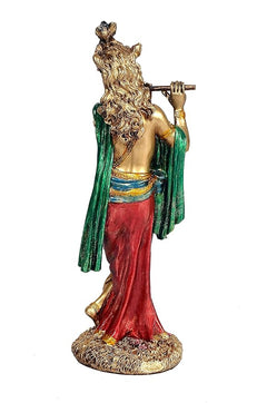 Krishna playing flute figurine back view, long green shawl and red dhoti