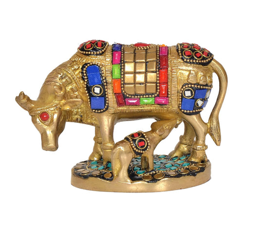 Brass Kamdhenu Cow with Calf for Home Decor Pooja Mandir Temple Office Decorative Showpiece Statue (Height: 4 Inch) (Multicolor 1)