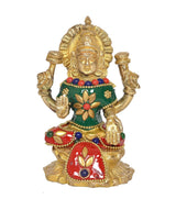 Brass Lakshmi idol statue, green upper garment and red skirt with gold trim