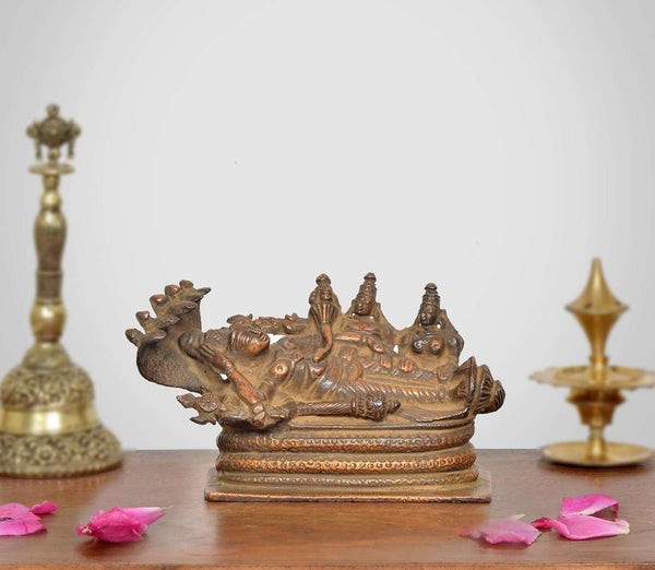 Copper Sheshashayi Vishnu with Lakshmi ji and Bhudevi Idol (Height 2.5 Inch)