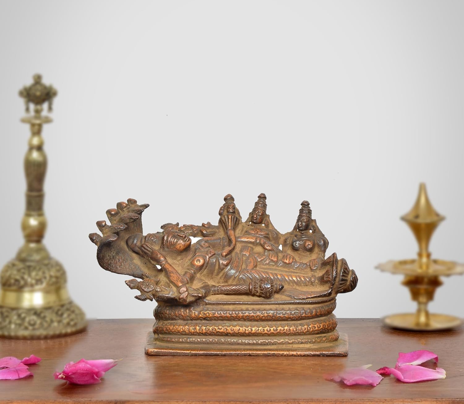 Bronze Sheshashayi Vishnu with Lakshmi ji and Bhudevi Idol (Height 2.5 Inch)