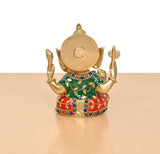 Brass Ganpati murti back view with engraved disc and multicolor jeweled waist cloth