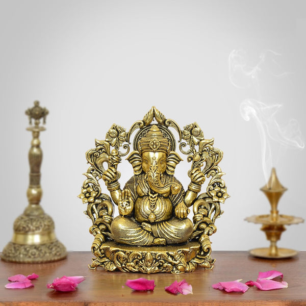 Superfine Brass Chaturbhuja Ganesha Idol with Floral Arch Golden (Height 4 Inch)