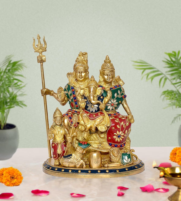 Brass Shiv Parivar Shiva Family Idol Family for Home Decor Mandir Pooja Multicolor (Height 10 Inch)