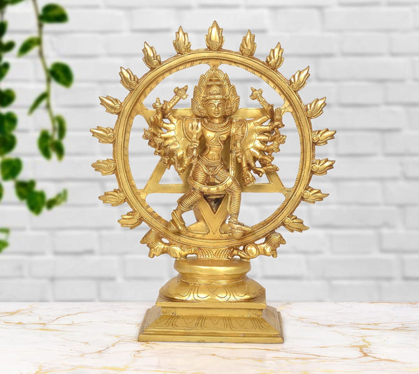 Brass Sudarshana Vishnu Statue with Yoga Narasimha on Reverse (Height 14 Inch)