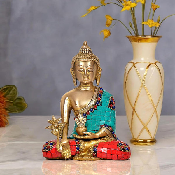 Brass Dhyan Mudra Buddha Statue - Handcrafted Spiritual Decor for Home and Office Decor - Meditating Buddha Idol (Height 8 Inch) (Multicolor Buddha)